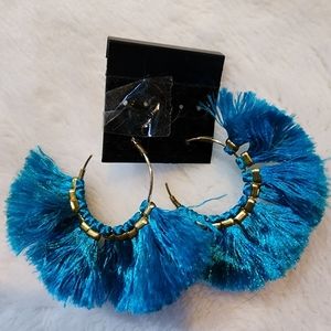 Boho Round Large 1.5"x3" Gold hoop turquoise teal fan tassels Earrings